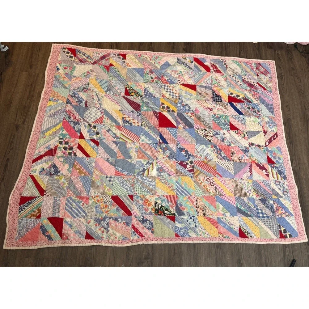 Vintage String Quilt 79x63 Hand Pieced Depression Era Feed Sack Folk Art America